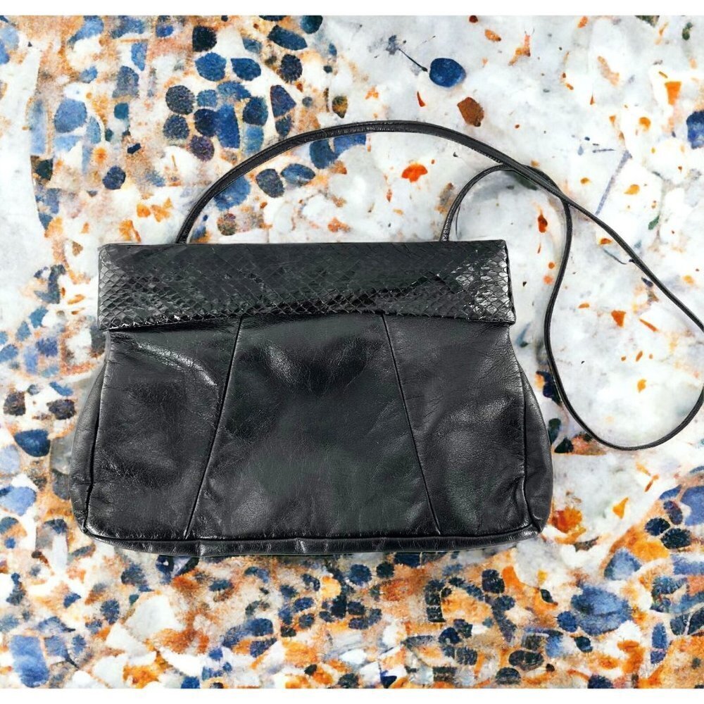 Vintage 80's Loredana Black Leather & Snakeskin Shoulder Bag Crossbody Handbag